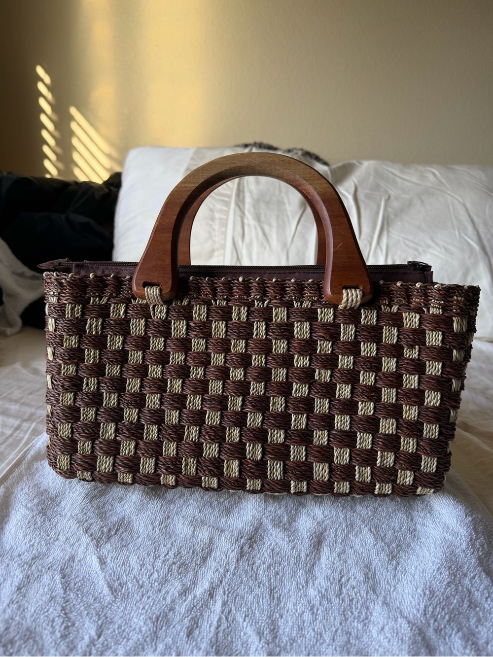Woven Handheld Tote Bag in Dark Brown and Natural